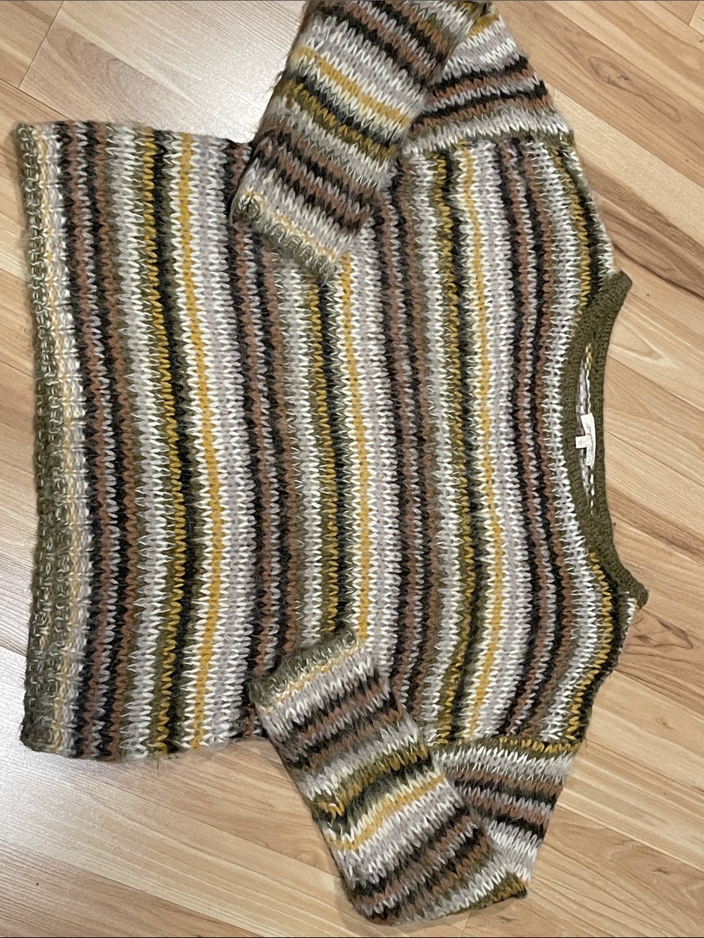 Mystree Striped Knit Sweater in Green, Brown & Cream SM oversized